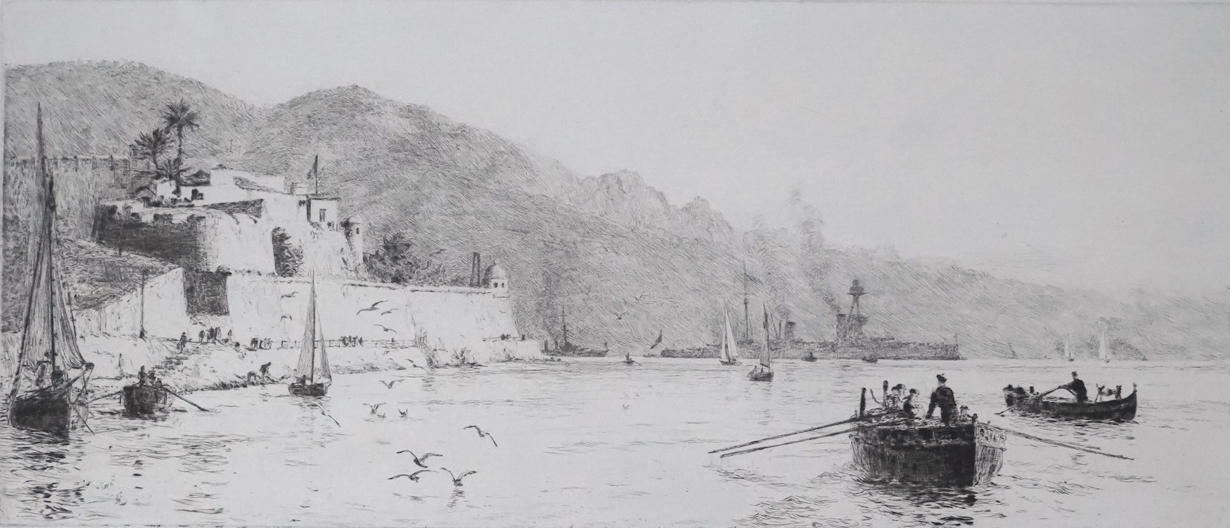 William Lionel Wyllie (1851-1931), etching, 'Villefranche', signed and inscribed in pencil, 17.5 x 39cm